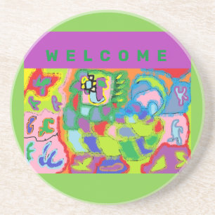 WELCOME COLOR RED PURPLE GREEN GREETINGS COASTER