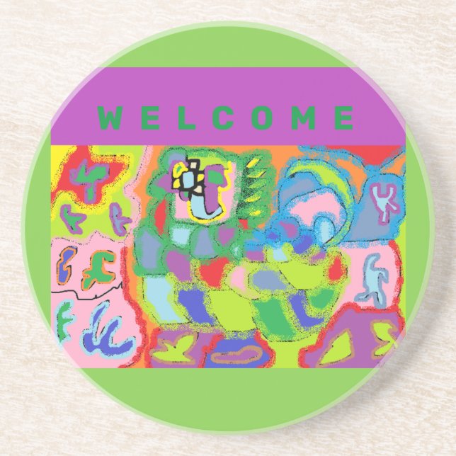 WELCOME COLOR RED PURPLE GREEN GREETINGS COASTER (Front)