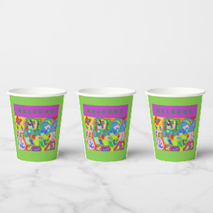 WELCOME COLOR RED PURPLE GREEN GREETINGS PAPER CUPS