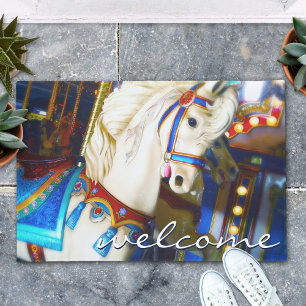 "Welcome" Colourful Carnival Carousel Horse Photo Doormat