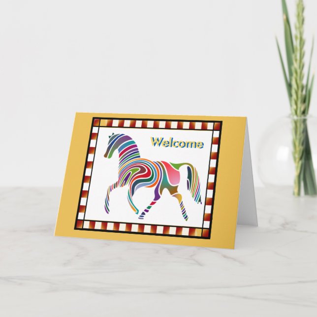 Welcome Colourful Horse Pony with Border Yellow Thank You Card (Front)