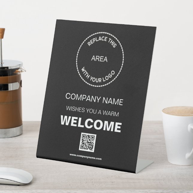 Welcome Company Your Logo QR Code Black Pedestal Sign (In SItu)
