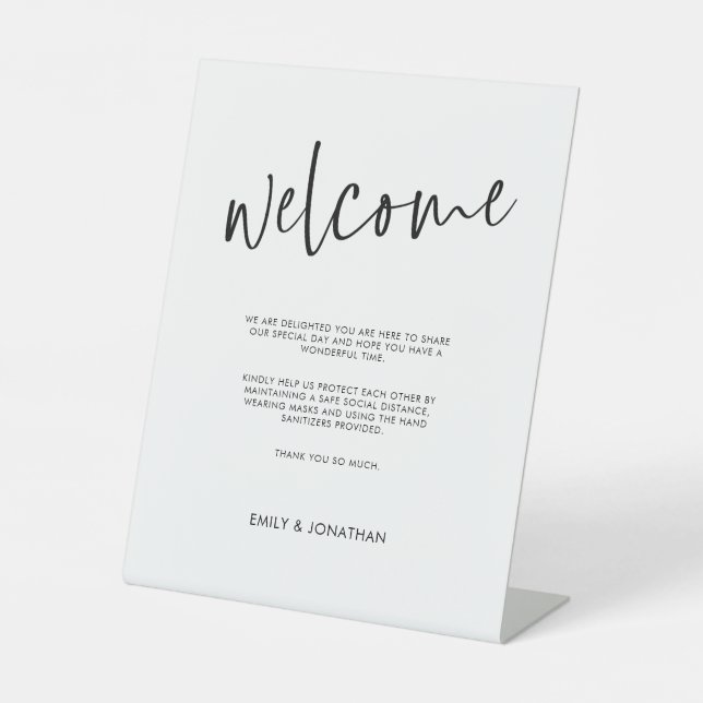 Welcome COVID Safety Handwritten Black Script Pedestal Sign (Front)