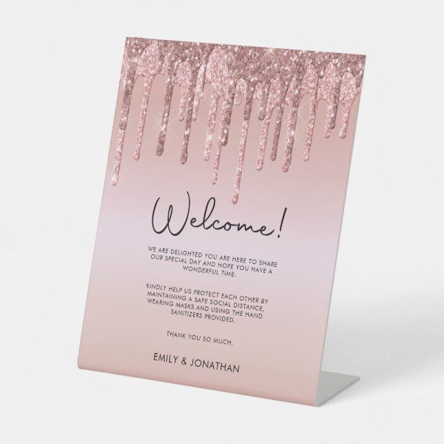 Welcome COVID Safety Wedding Rose Gold Glitter Pedestal Sign (Front)