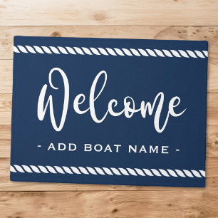 Welcome custom boat name rope border dark blue doormat
