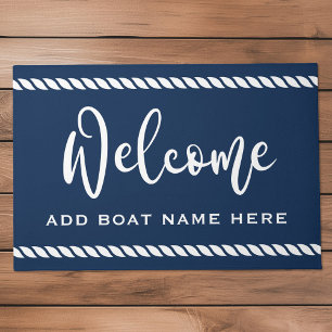 Welcome custom boat name rope border dark blue doormat