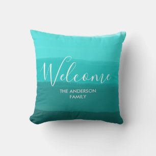 "Welcome" Custom Family Name Sky Blue Stripes Cushion