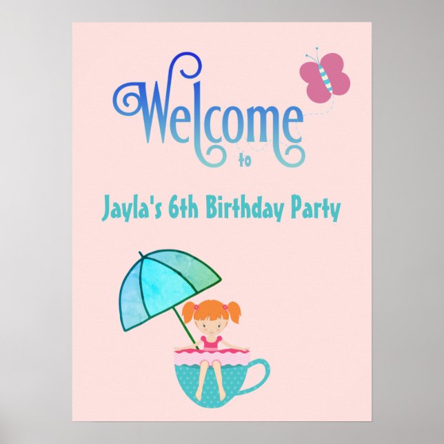 Welcome Custom Name Birthday Party Teacup Girl  Poster (Front)