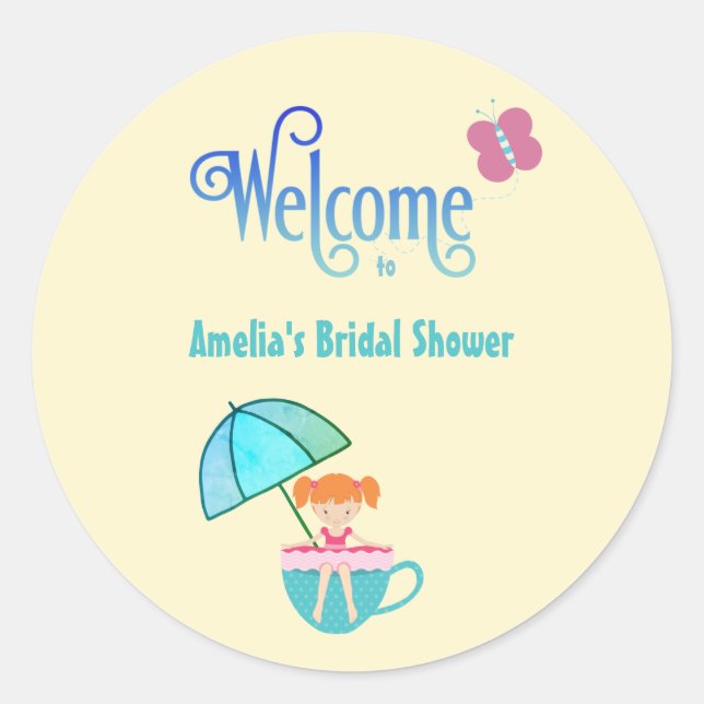 Welcome Custom Name Bridal Shower Teacup   Classic Round Sticker (Front)