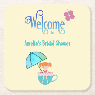 Welcome Custom Name Bridal Shower Teacup  Square Paper Coaster