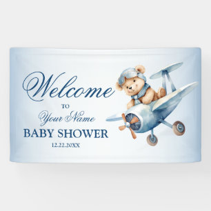 Welcome Cute Baby Bear Pilot Blue Aeroplane Banner