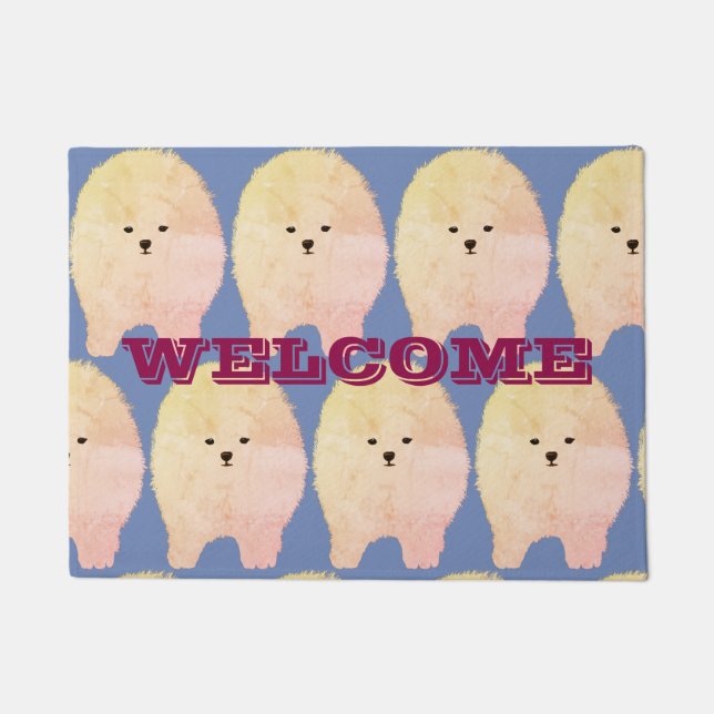 Welcome Cute Fluffy Pomeranian Dog  Door Mat (Front)