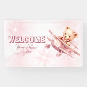 Welcome Cute Girl Baby Bear Pilot Pink Airplane Banner