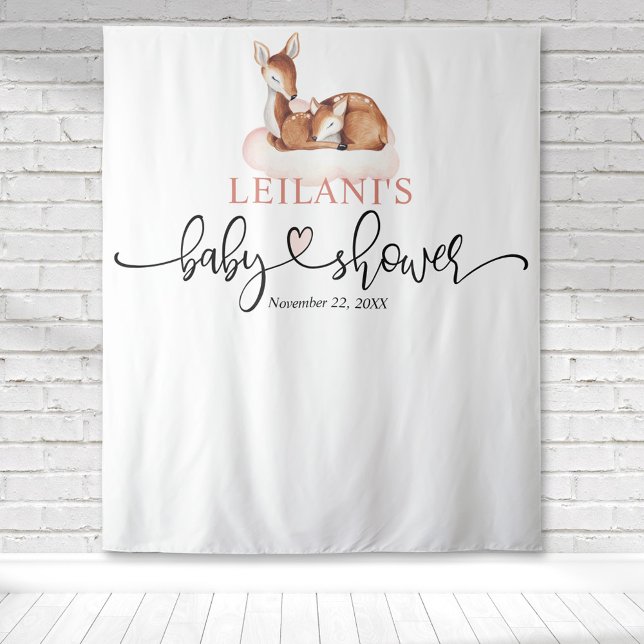 Welcome Deer Baby Shower Pink Cloud Backdrop Tapestry (Baby shower deer and fawn pink cloud pink hand lettering watercolor backdrop for photo ops.)