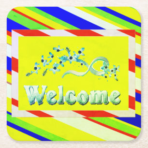 WELCOME DESIGN YELLOW WITH SILVER TEXT SQUARE PAPER COASTER