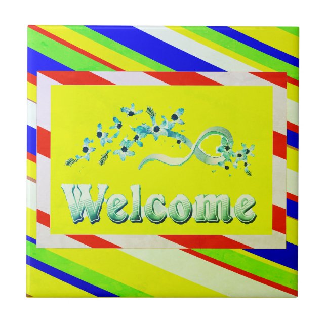 WELCOME DESIGN YELLOW WITH SILVER TEXT TILE (Front)