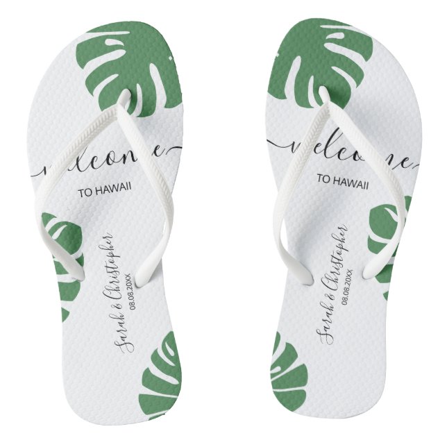 Welcome Destination Wedding Custom Tropical leaf T Flip Flops (Footbed)