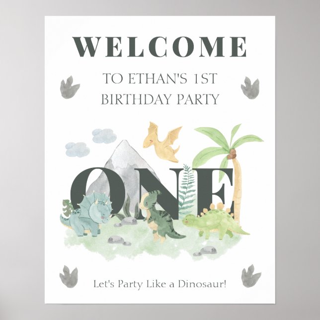 Welcome Dinosaur 1st Birthday Boy Cute Jungle Poster (Front)