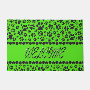 Welcome Dog Paws Black & White Polka Dot on Green  Doormat