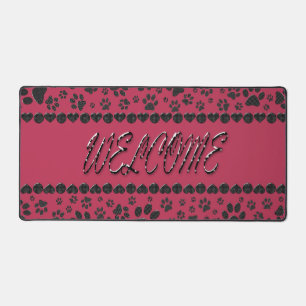 Welcome Dog Paws Black&White Polka Dot on Magenta Desk Mat