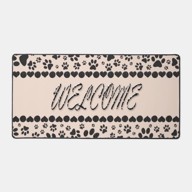 Welcome Dog Paws Black&White Polka Dot on Pink Desk Mat (Front)