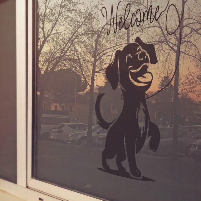 Welcome dog silhouette pet shop grooming window cling (Storre front window/door decal with dog and welcome text ideal for grooming store or petshop.)