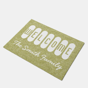 Welcome Door Mat Gold Glitter White Text