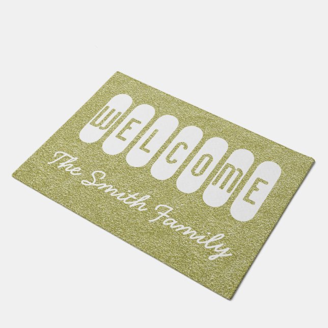 Welcome Door Mat Gold Glitter White Text (Angled)