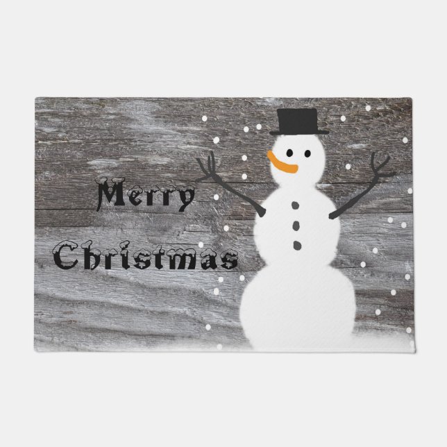welcome door rustic merry Christmas snowman Doormat (Front)