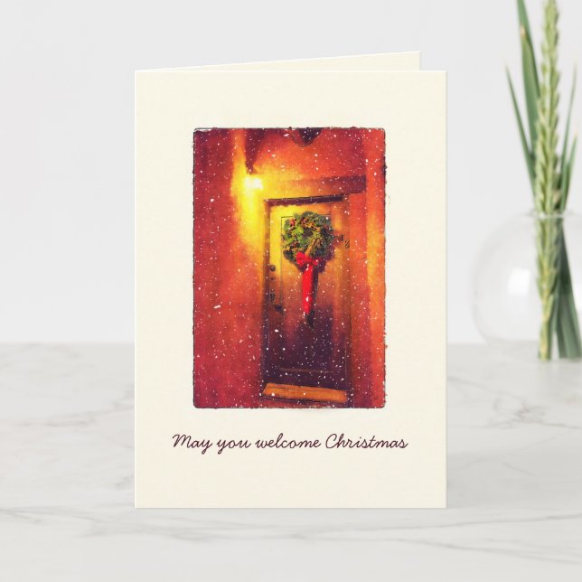Welcome Door Wreath Snowy Christmas Holiday Card (Front)