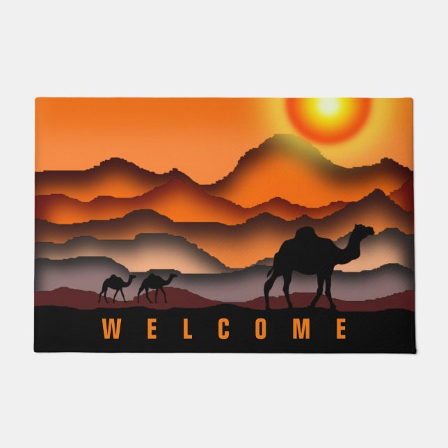 Welcome Doormat with Sunset Desert Camels (Front)
