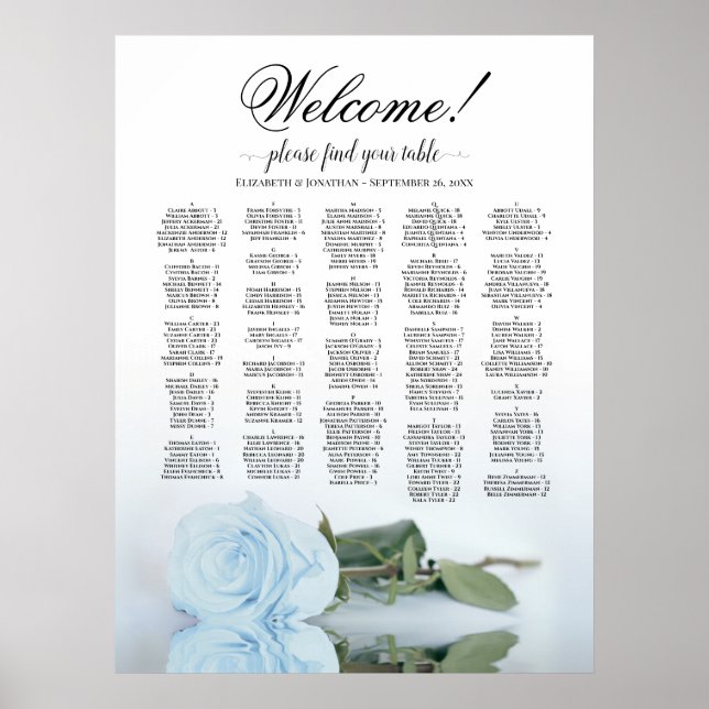 Welcome! Dusty Blue Rose Alphabetic Seating Chart (Front)