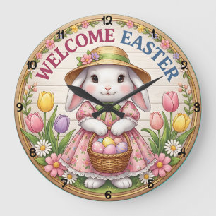 Welcome Easter Garden Floral Bunny Large Clock
