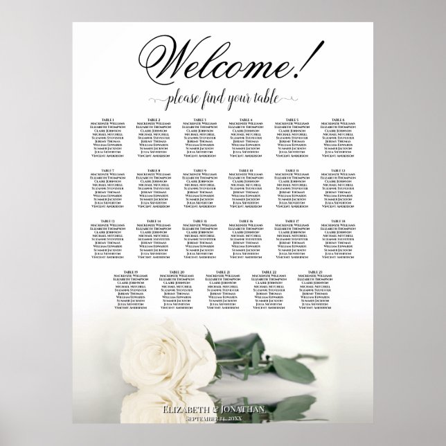 Welcome! Elegant White Rose 23 Table Seating Chart (Front)