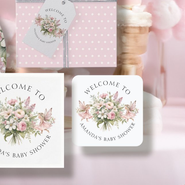 Welcome Enchanted Fairy Floral Baby Girl Shower Square Paper Coaster (Creator Uploaded)