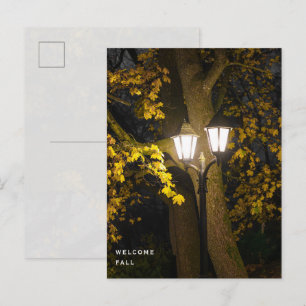 Welcome fall, autumn park lantern postcard