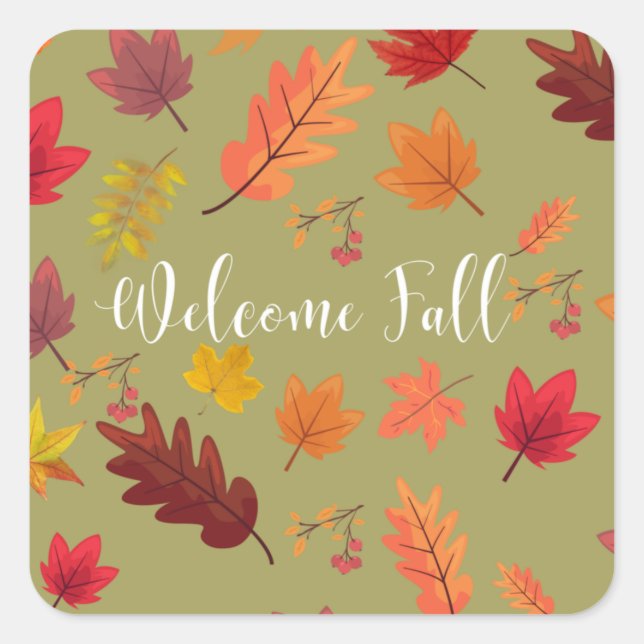 Welcome Fall Beautiful Orange, Red Autumn Leaves  Square Sticker (Front)