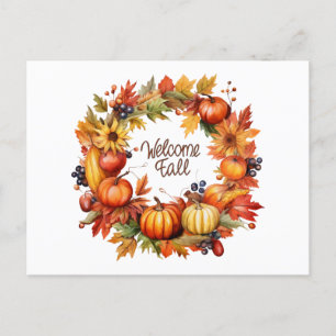 Welcome Fall Colourful Autumn Pumpkin Wreath  Holiday Postcard