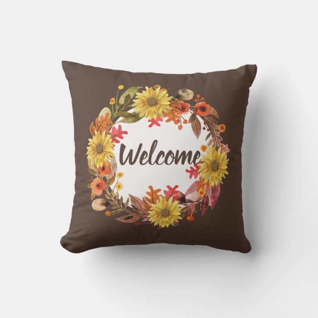 Welcome Fall Flower and Leaves Wreath  Cushion (Front)