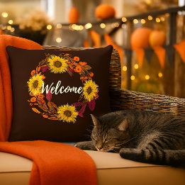 Welcome Fall Flower and Leaves Wreath  Cushion