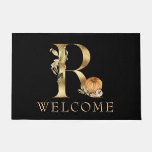 WELCOME Fall Monogram R with Pumpkins Doormat