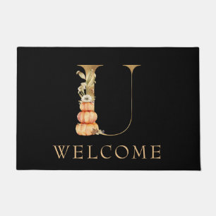 WELCOME Fall Monogram U with Pumpkins Doormat