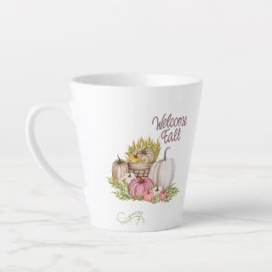 Welcome Fall Pink White Pumpkins Autumn Latte Mug