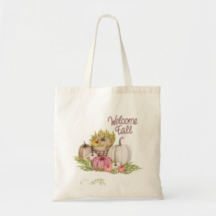 Welcome Fall Pink White Pumpkins Tote Bag