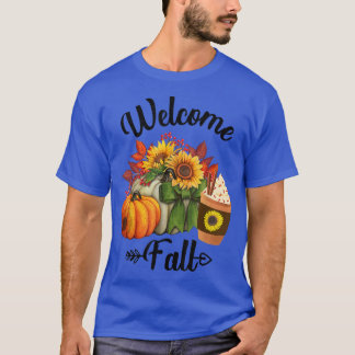 Welcome Fall Pumpkin Sunflower Coffe Funny Autumn  T-Shirt