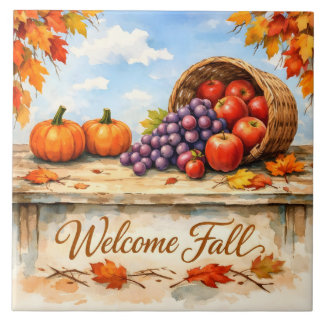 Welcome Fall Watercolor Fruit Basket and Pumpkins Tile