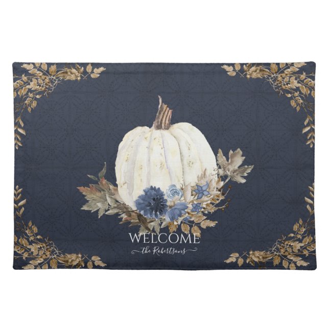 Welcome Family Fall Foliage Blue Floral Pumpkin Placemat (Front)