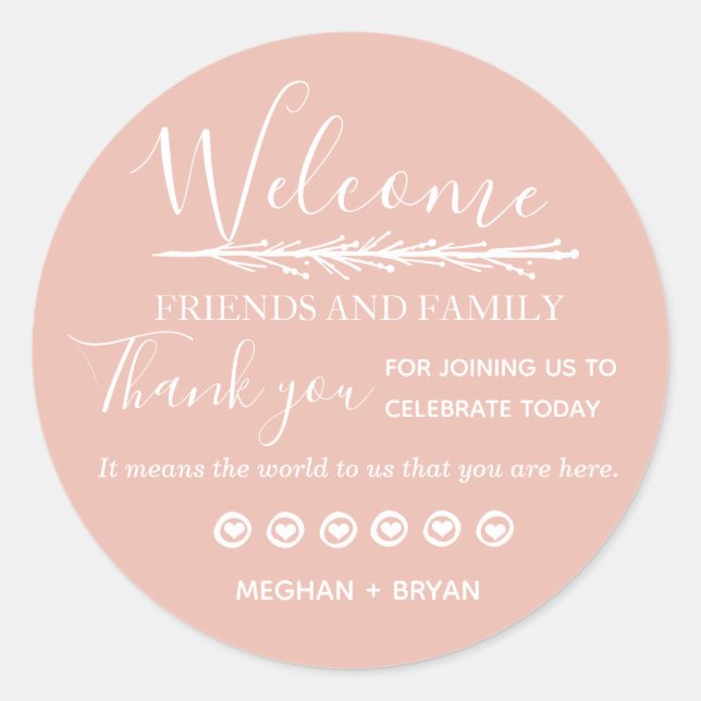 Welcome Family Friends Pink Wedding Classic Round Sticker (Front)