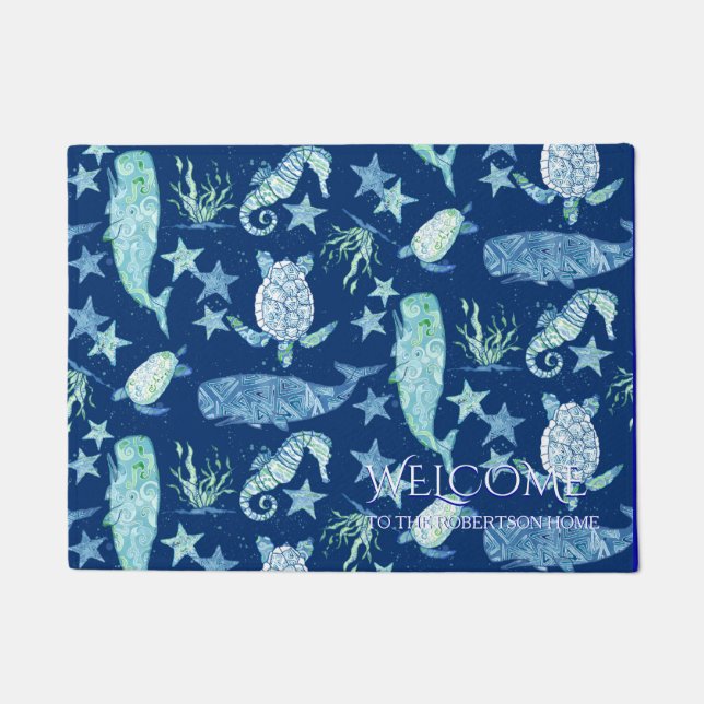 Welcome Family Name Beach Whale Turtle Seahorse Doormat (Front)