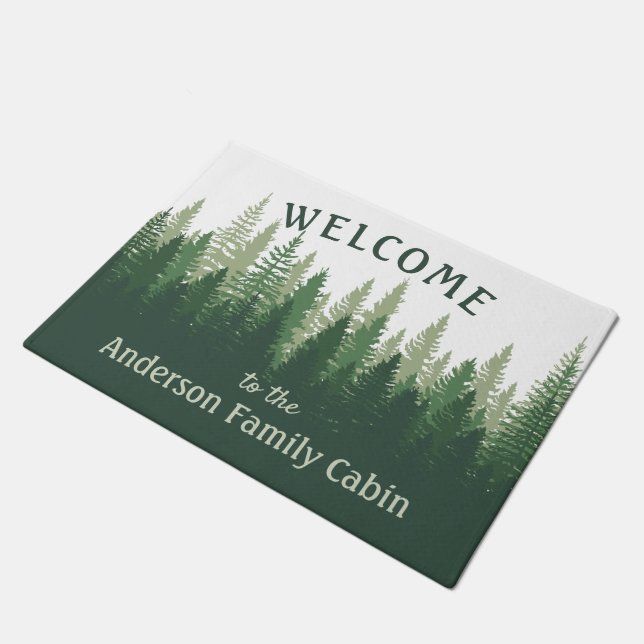 Welcome Family Name Cabin Pine Tree Forest Doormat (Angled)